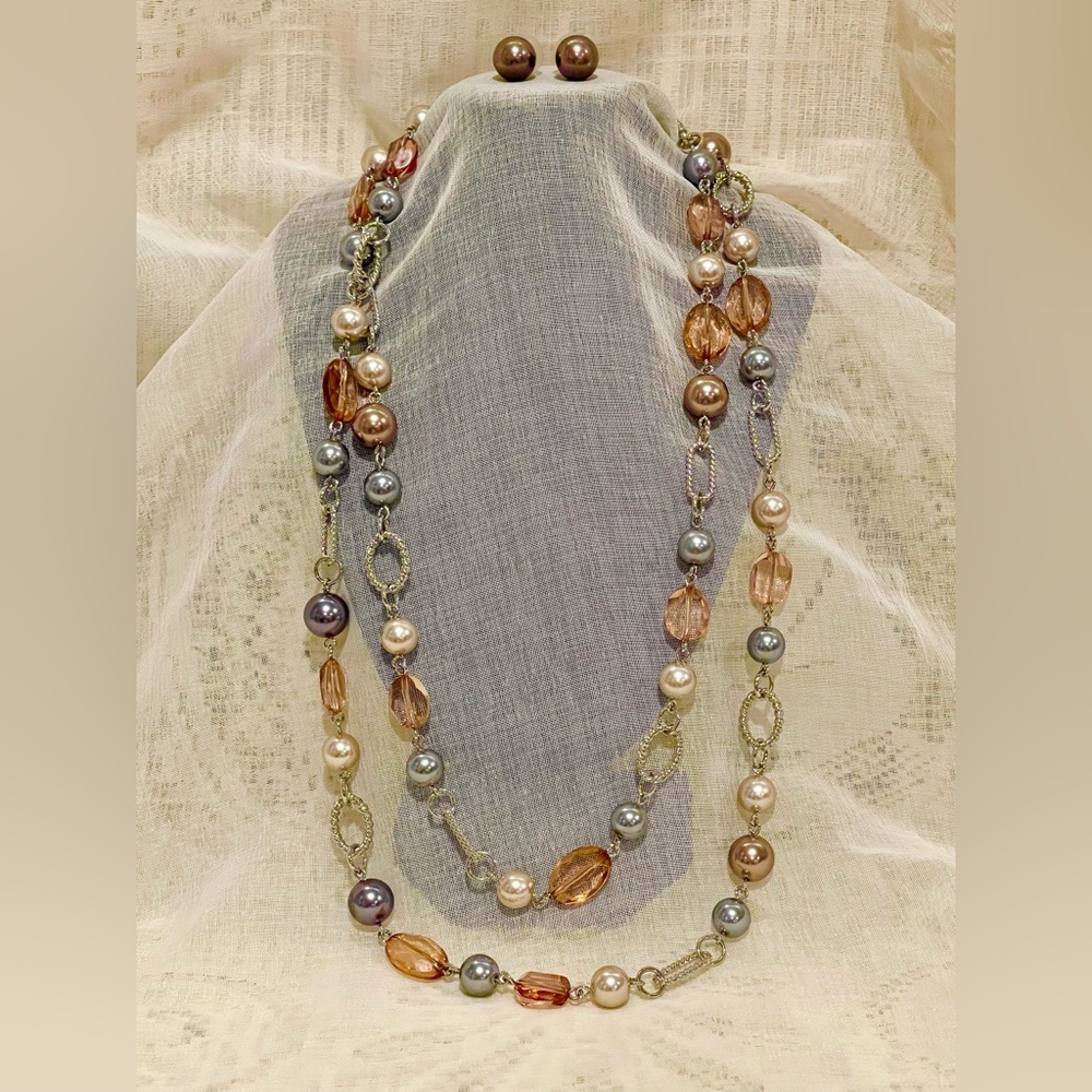 Elegant Multi-Color Faux Pearl & Beaded Necklace & Earring Set